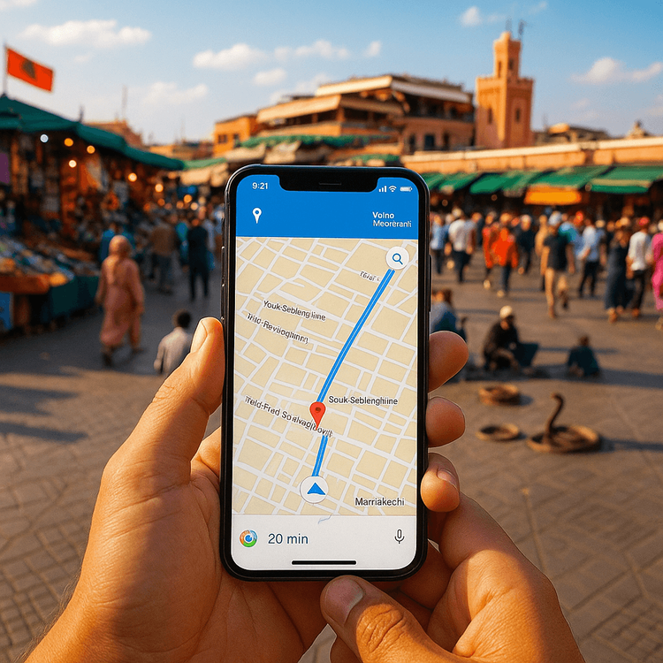 Navigating the busy souks of Marrakech using Google Maps on a smartphone with a Yoho Mobile eSIM for Morocco.