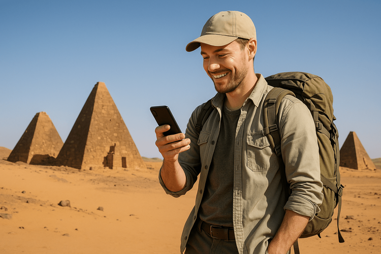 A traveler smiling while using their smartphone with a Yoho Mobile eSIM, with the Pyramids of Meroë in Sudan in the background.