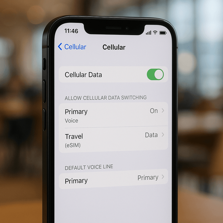 Smartphone settings screen showing how to configure a primary SIM for calls and a travel eSIM for data.
