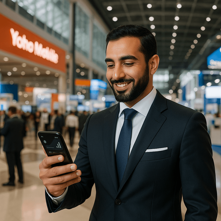 A business traveler using a Yoho Mobile eSIM for seamless connectivity at a Dubai trade show.