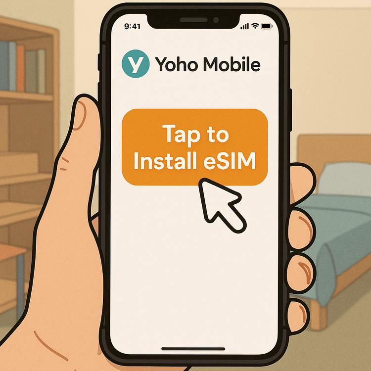 Illustration of the simple one-tap eSIM installation process for iOS users with the Yoho Mobile app.