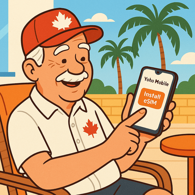 A user easily installing a Yoho Mobile eSIM on their smartphone with a single tap, enjoying a sunny day.