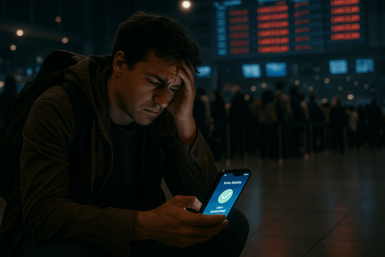 A traveler activating their Yoho Mobile eSIM as a backup data plan after their flight was cancelled late at night.