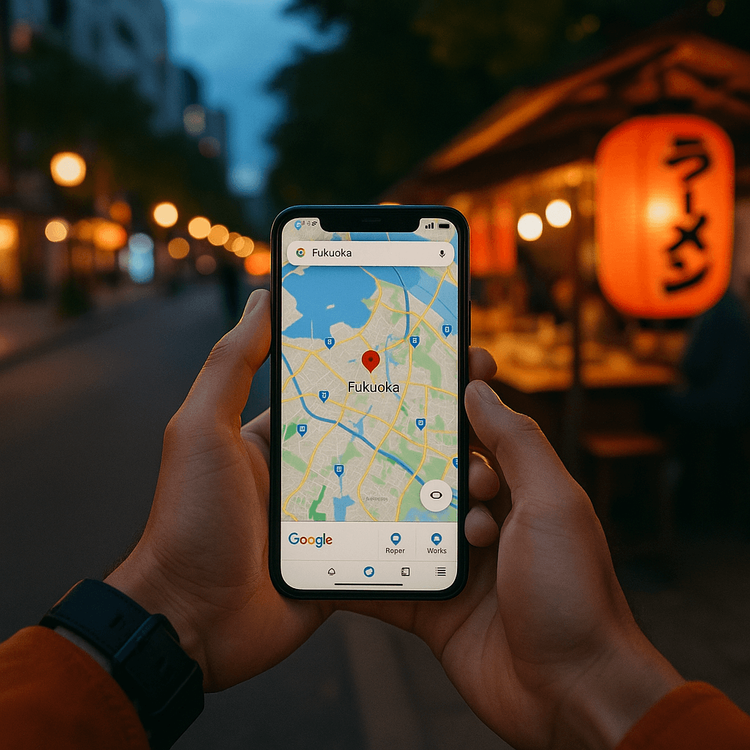 A traveler navigating the streets of Fukuoka at dusk using a smartphone with a Yoho Mobile eSIM.
