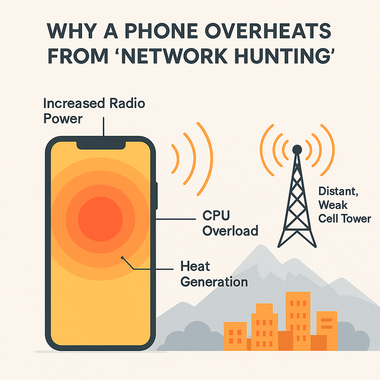 Diagram showing how a phone's continuous search for a weak cell signal causes it to overheat.