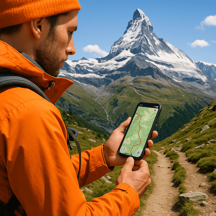 A hiker using a Yoho Mobile eSIM for navigation on a smartphone while trekking in the Swiss Alps.