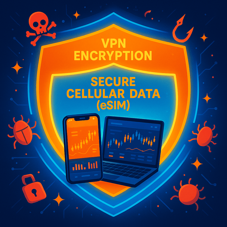 An illustration of a layered security approach for travelers, including eSIM data, VPN, and 2FA.
