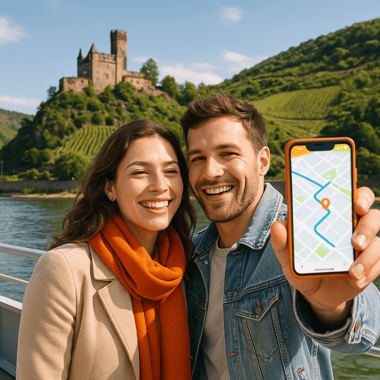A couple enjoying their Rhine Valley cruise with seamless connectivity from their Yoho Mobile Germany eSIM.