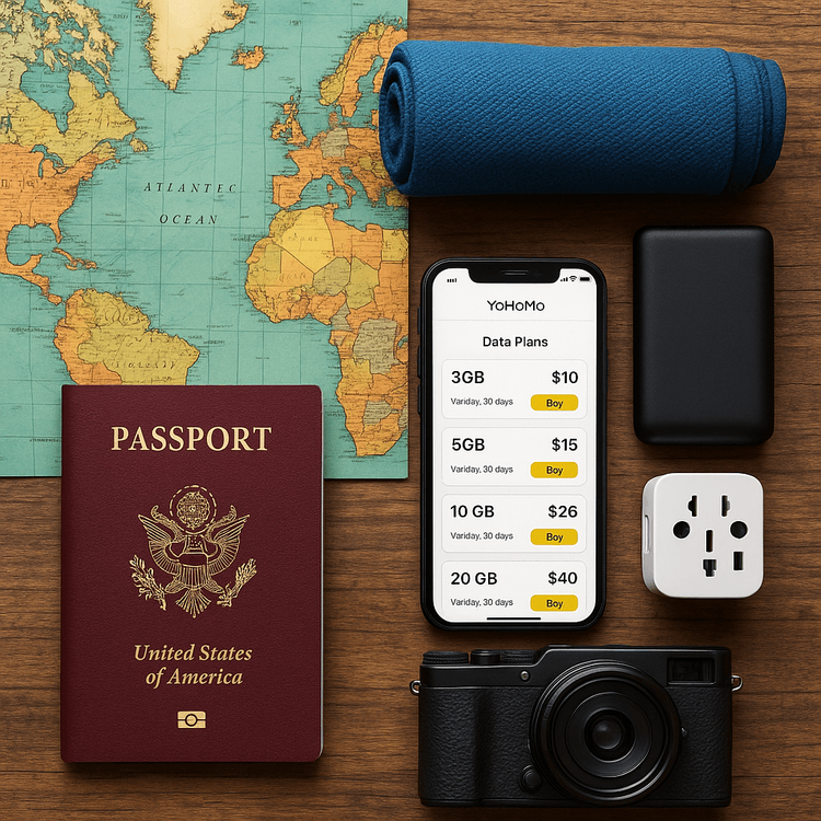 A flat lay of backpacking essentials for a multi-country trip, including a passport, smartphone with Yoho Mobile eSIM, and other travel gear.