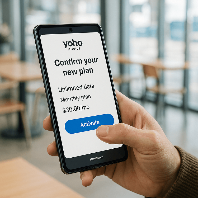 A person confirming the activation of a Yoho Mobile eSIM plan on their Honor Magic V5.