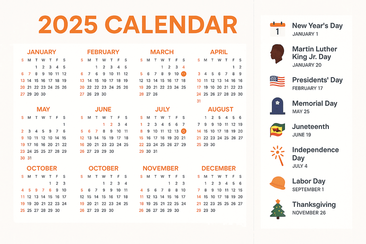 A calendar infographic of the 2025 US public holidays for international travelers.