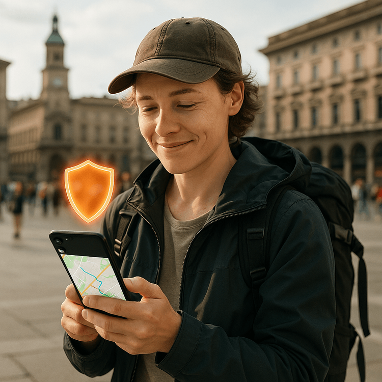 Traveler confidently using a map on their phone in a city, protected by Yoho Care's emergency data.