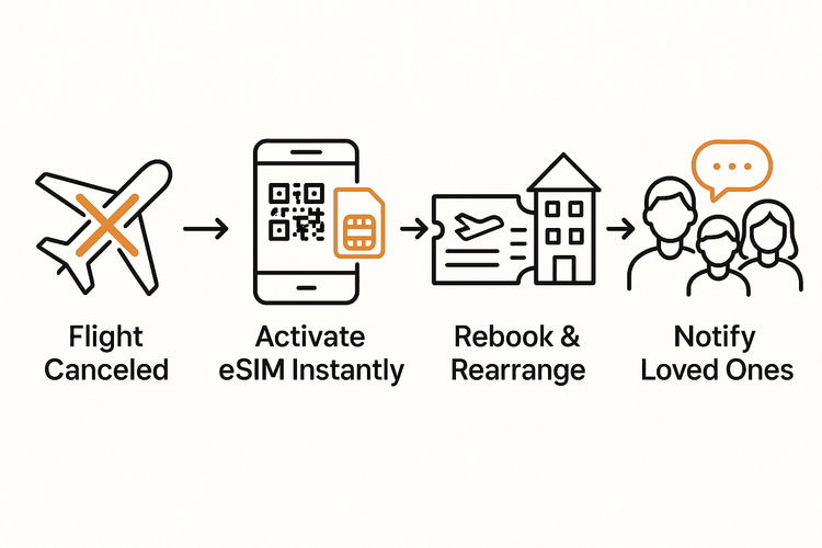 A 4-step visual guide for handling a flight cancellation using an eSIM.