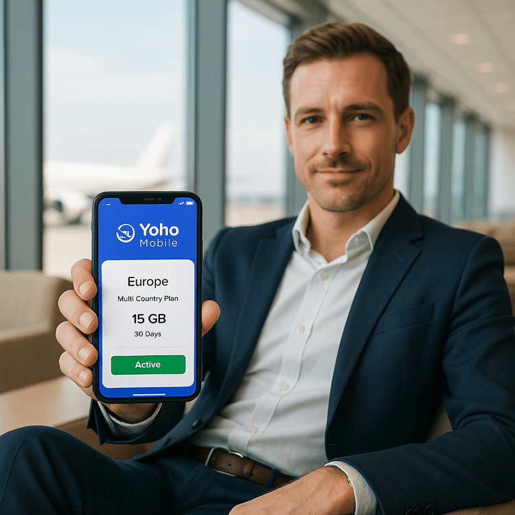 A frequent traveler using the Yoho Mobile global eSIM app in an airport lounge, demonstrating ease and convenience.