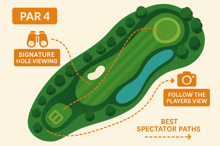 Infographic map showing the best viewing spots for spectators on a PGA Tour golf course hole.