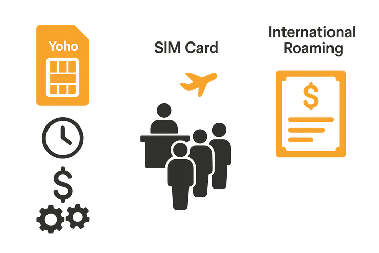 An infographic comparing the convenience, cost, and flexibility of Yoho Mobile eSIM versus a local SIM card and international roaming for travel in Malaysia.