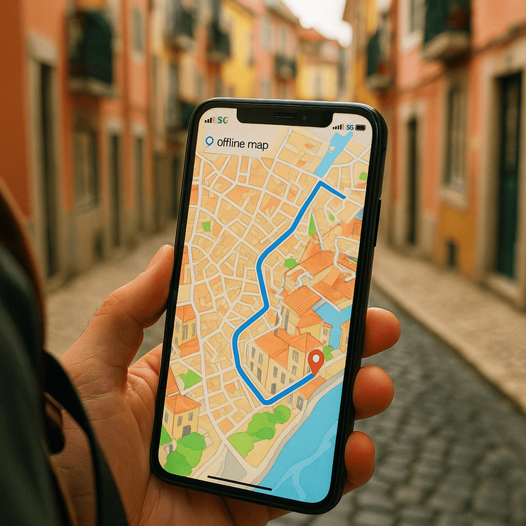 Ein Smartphone, das eine Navigations-App mit einer Route durch eine historische europäische Stadt anzeigt.