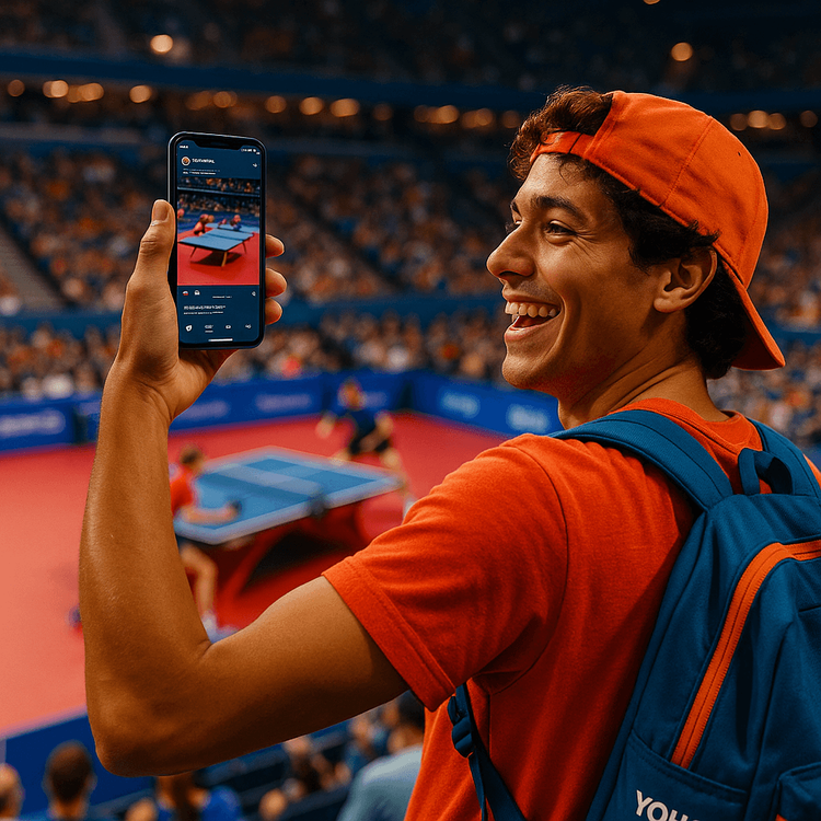 A sports fan at the WTT Finals in China using their phone with a Yoho Mobile eSIM to share highlights online.