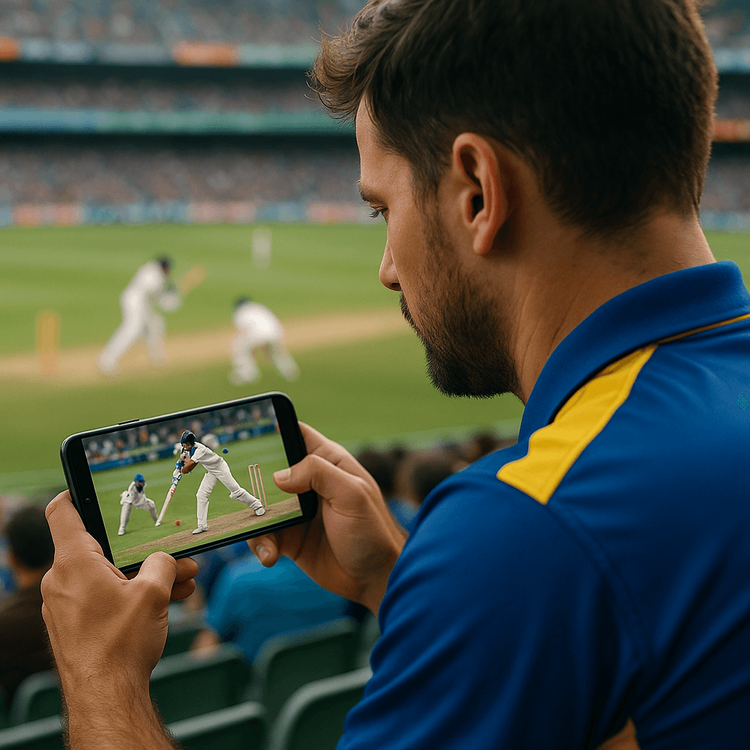 A cricket fan watching a match on their smartphone in a stadium using reliable travel data.