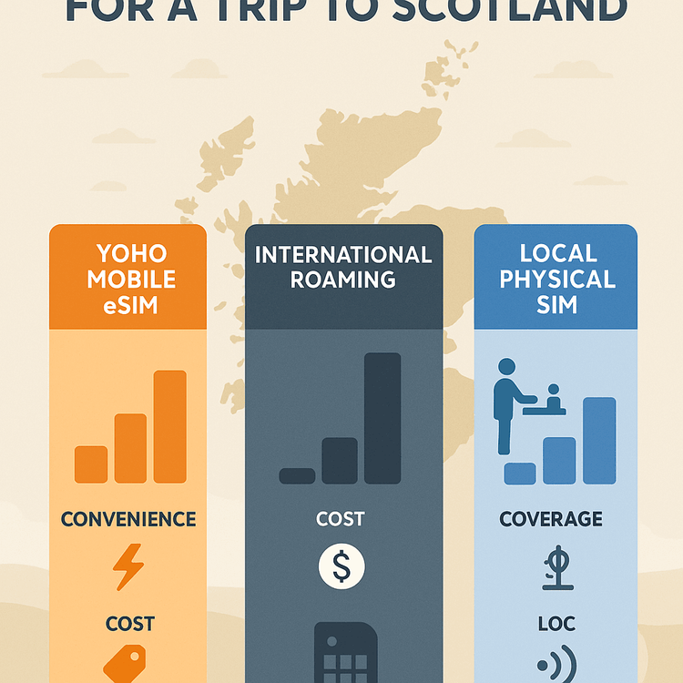 Infographic comparing the cost and convenience of Yoho Mobile eSIM, international roaming, and local SIM cards for travel in Scotland.