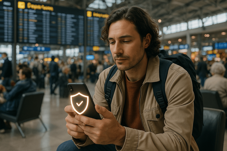 A traveler uses their phone securely in an airport, protected by a VPN and eSIM.