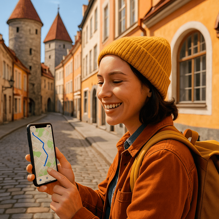 A happy traveler using their phone with a Yoho Mobile eSIM for maps and navigation in Tallinn, Estonia.