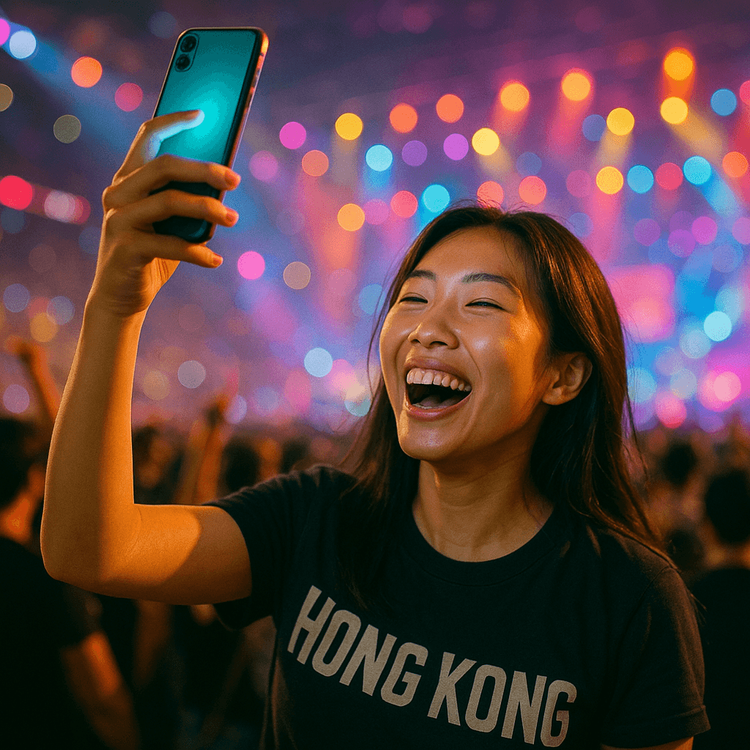 A woman enjoying a concert in Hong Kong while seamlessly sharing the experience using her phone's reliable data connection.