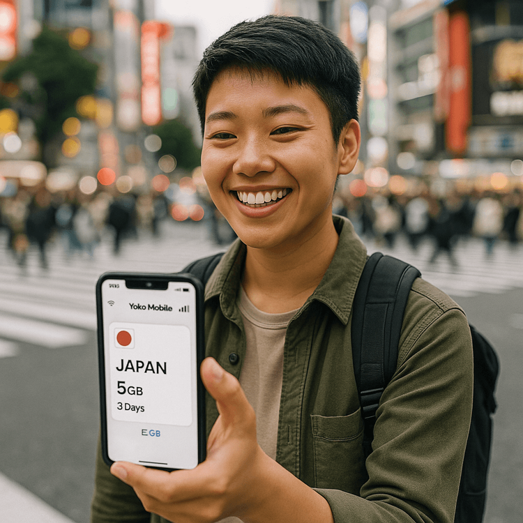 A happy traveler from Hong Kong using a Yoho Mobile eSIM on their phone at Shibuya Crossing in Tokyo.