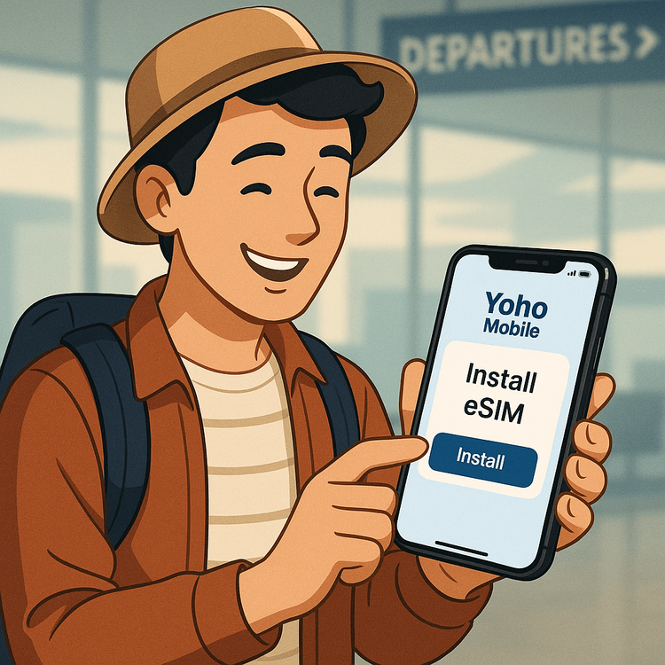 A traveler easily installing a Yoho Mobile eSIM on their iPhone with a single tap, no QR code needed.