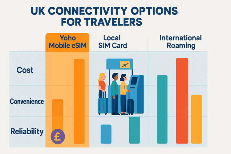 Bar chart comparing the cost, convenience, and reliability of Yoho Mobile eSIM, local SIM cards, and international roaming for UK travel.