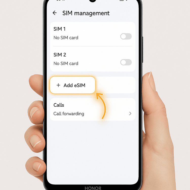 Navigating to the 'Add eSIM' option in the SIM management settings on an Honor phone.