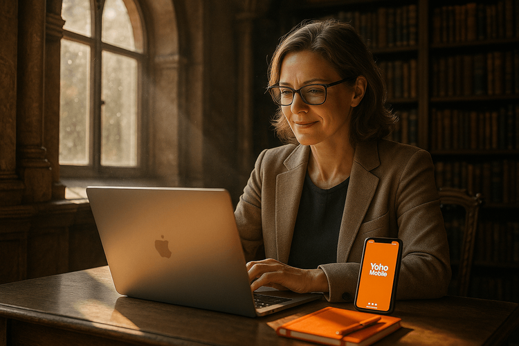 An academic researcher working diligently on her laptop in a European library, connected via a Yoho Mobile eSIM.