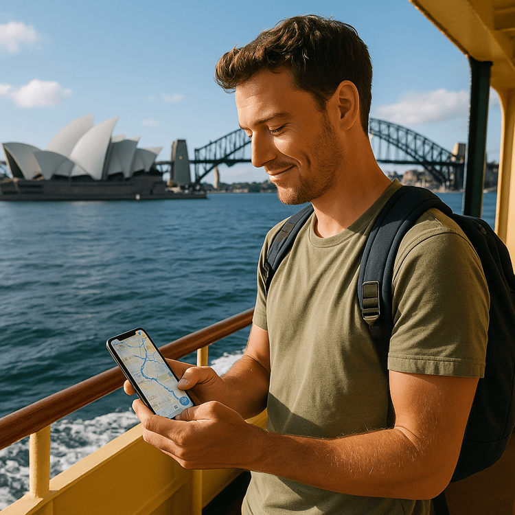 A traveler using a Yoho Mobile eSIM for navigation on their phone in front of the Sydney Opera House.