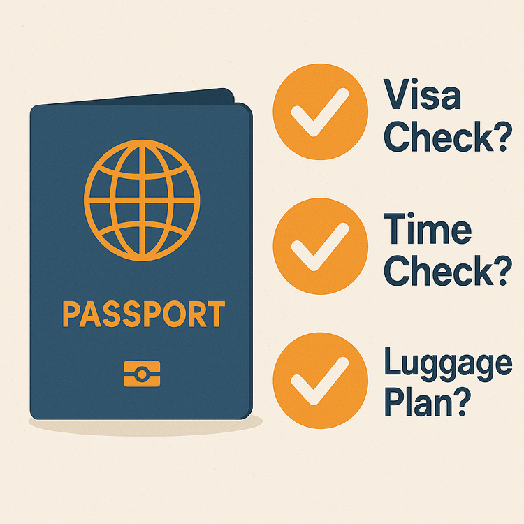 Infographic showing the three key checks for a layover trip: visa, time, and luggage.
