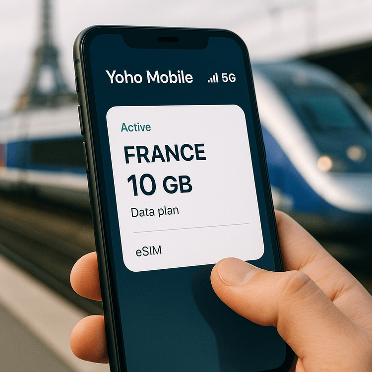 A smartphone displaying a fully connected Yoho Mobile eSIM plan for France.