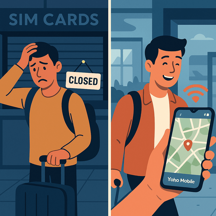 A comparison showing a stressed traveler at a closed airport SIM shop versus a relaxed traveler using Yoho Mobile eSIM for instant data.