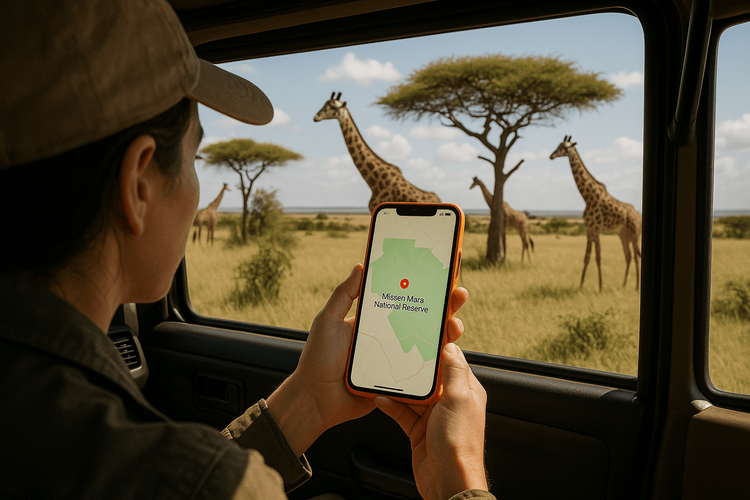 A traveler uses their phone with a Yoho Mobile eSIM for navigation while on a safari in Kenya, with giraffes visible in the background.