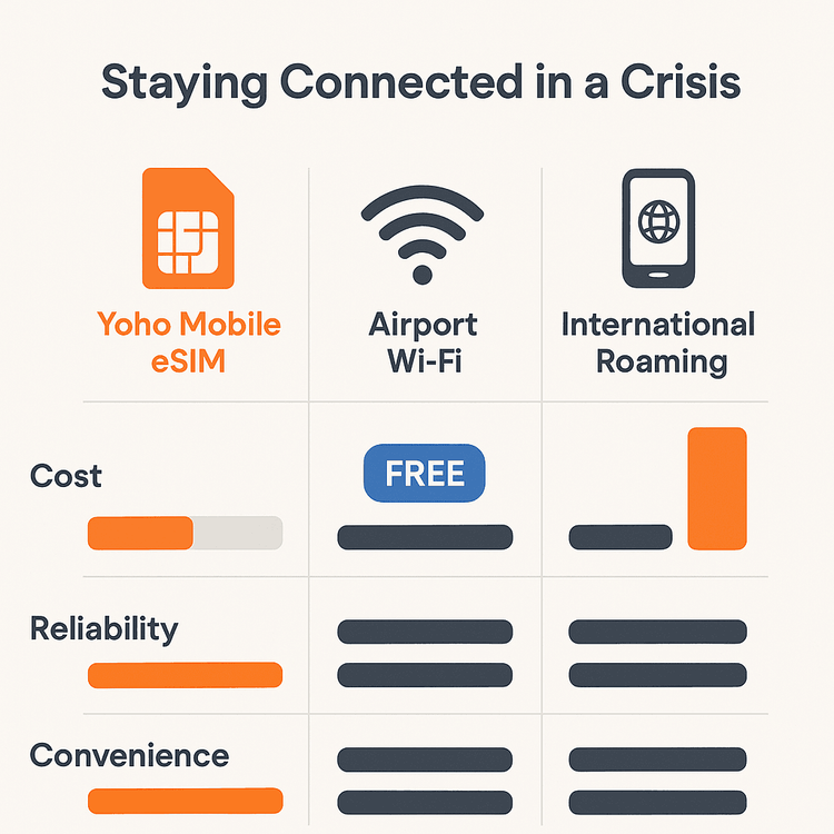 An infographic comparing the cost, reliability, and convenience of Yoho Mobile eSIM, Airport Wi-Fi, and International Roaming during travel disruptions.