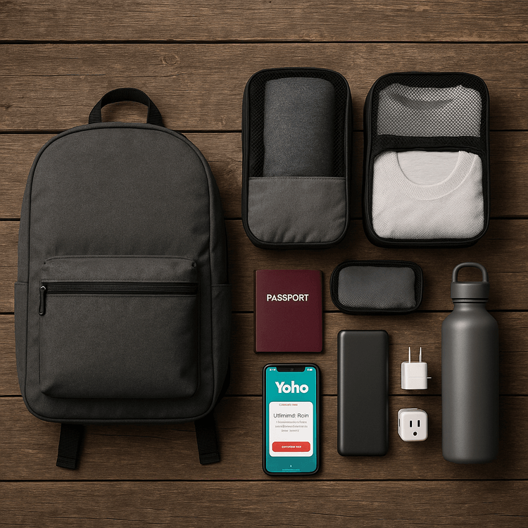 A flat lay of essential items for a first-time backpacker in Europe, including a phone showing the Yoho Mobile app, a passport, and minimalist clothing.