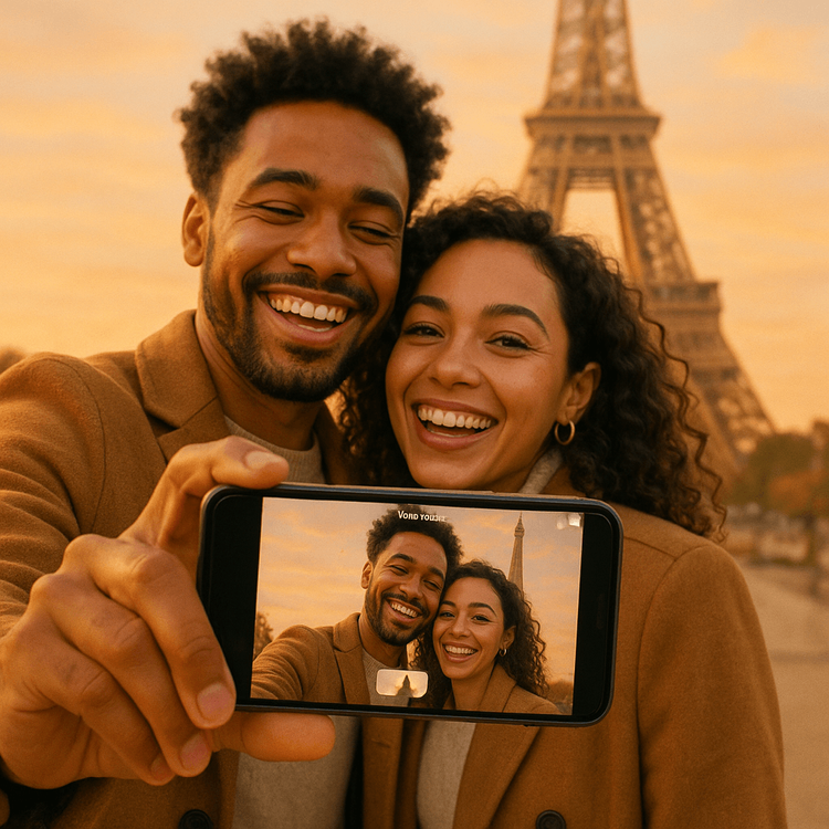 A happy couple using their phone with Yoho Mobile eSIM data to take a selfie in Paris for Valentine's Day.