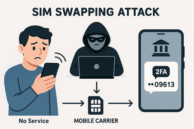An illustration explaining how a SIM swapping attack works, showing a hacker stealing a victim's phone number to intercept sensitive codes.
