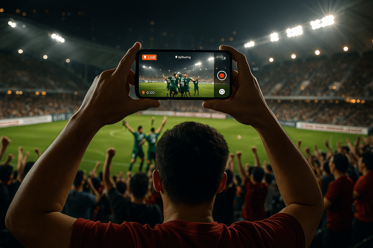 A fan in a crowded Hong Kong stadium sharing a video of the match, highlighting the reliable data connection from their travel eSIM.