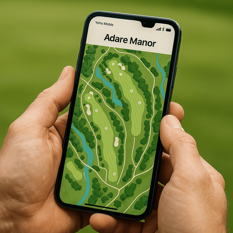 A smartphone with a full 5G signal from Yoho Mobile displaying a map of the Adare Manor golf course for the Ryder Cup.