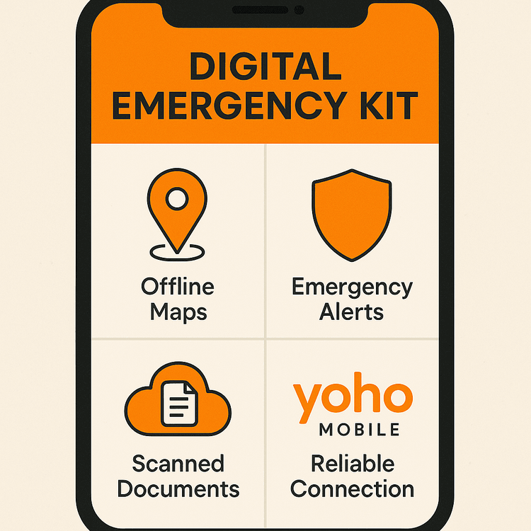 Infographic showing a digital emergency kit for travelers with icons for offline maps, alerts, documents, and connectivity.