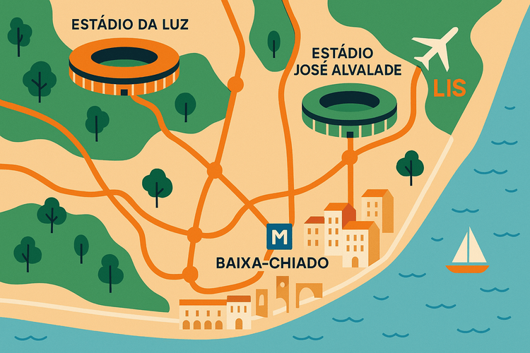 Illustrated map of Lisbon showing football stadiums and transport routes for football travel.