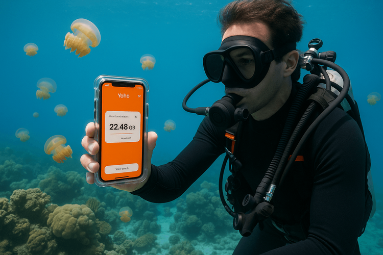 A scuba diver using a Yoho Mobile eSIM on their phone to stay connected underwater in Palau.