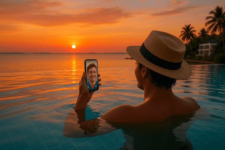 Person using their phone with a Yoho Mobile eSIM in a Batam resort pool at sunset.