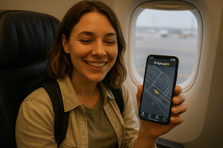 A happy traveler using Flightradar24 on her smartphone immediately after her flight has landed to track its progress to the gate.
