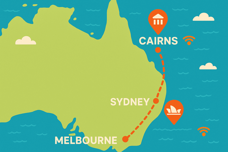 Map of Australia showing mobile network test locations in Sydney, Melbourne, and Cairns.