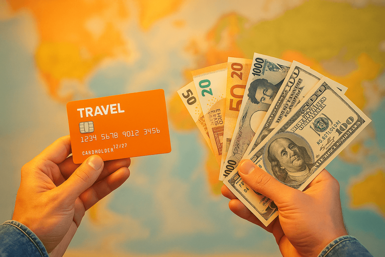 A traveler deciding between using a credit card or cash for international travel, with a world map in the background.